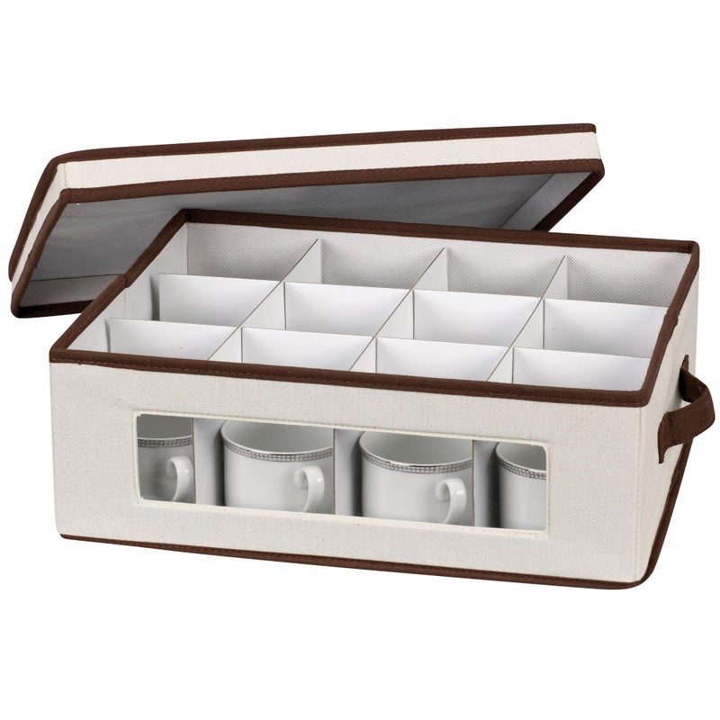 Household Essentials 538 Vision China Storage Box for Tea Cups and Mugs with Lid and Handles | Natural Canvas with Brown Trim - Image 5